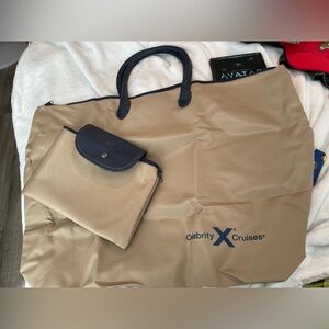 Celebrity cruises foldable packable
X Large beige navy blue waterproof tote bag